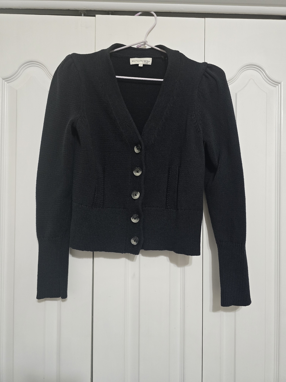 White + Warren Black V-Neck Button Cardigan